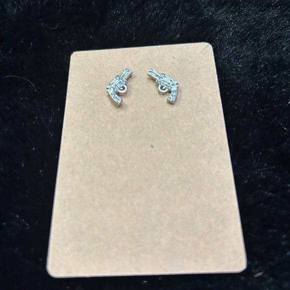Crystal Pistol Stud Earrings – Silver Tone Mini Gun Design - Picture 1 of 5